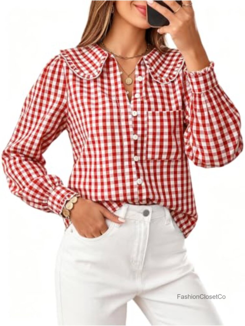 SimpleFun Women's Gingham Button Down Shirt Long Sleeve Peter Pan Collar Blouse